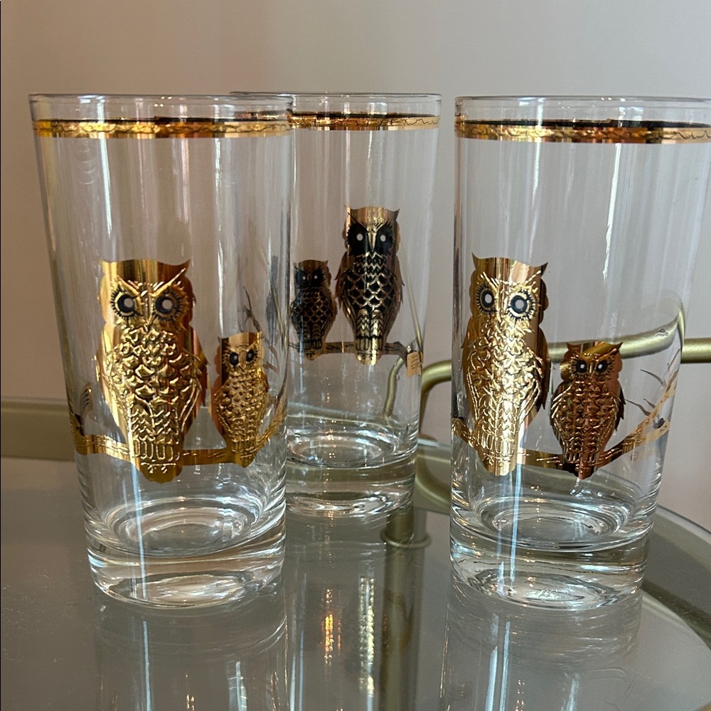 Culver Ltd. 22kt Gold Owls Highball Cocktail Glasses Vintage 1950-60s Set of 3 - Picture 3 of 14